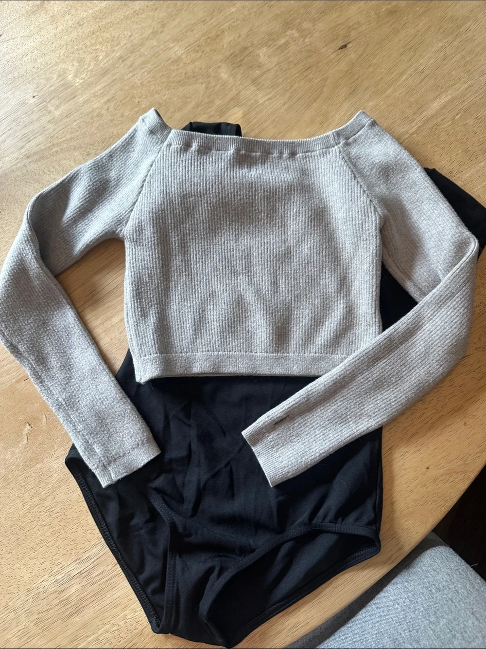 Capezio Girls Large Black Leotard + Gray Cropped Dance Sweater Ballet Bundle